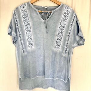 Floreat Embroidered Rayon Blouse Light Blue Boho Top | S